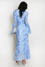 Elara Floral Applique Flare Sleeve Midi Dress-Blue