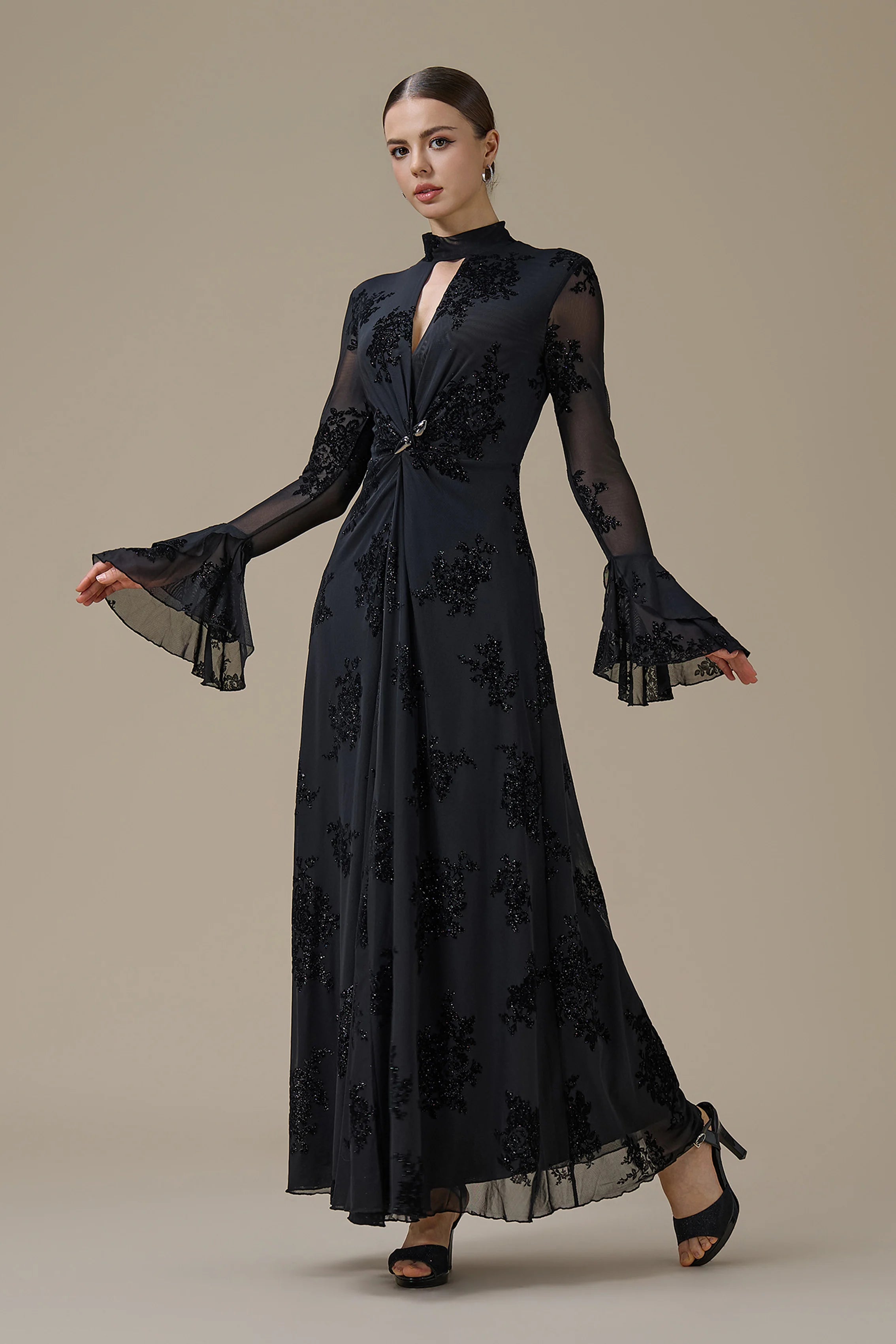 Kaia Twist Front Flare Sleeve Maxi-Black