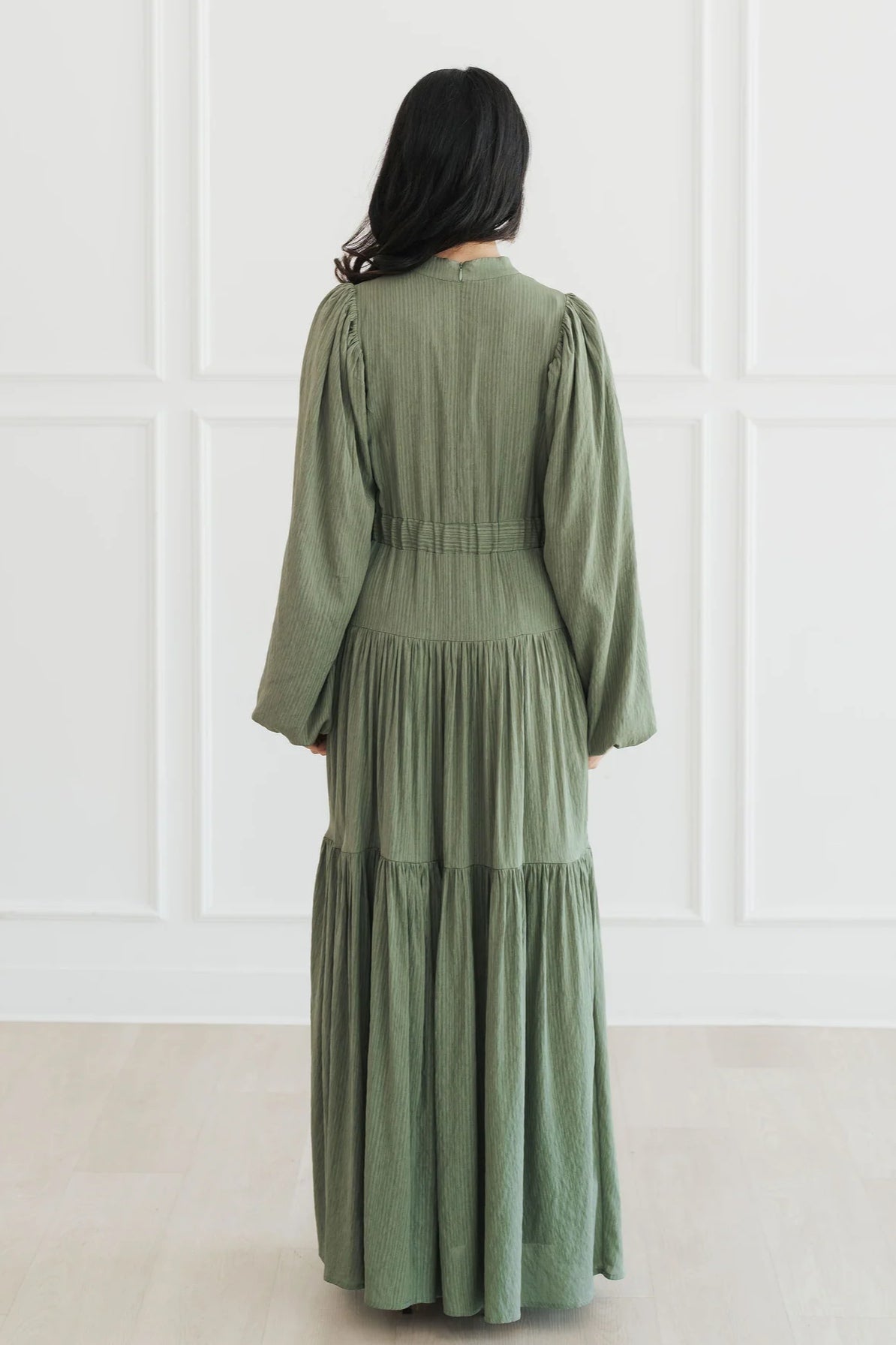 Button-Down Lantern Sleeve Maxi Dress-Green