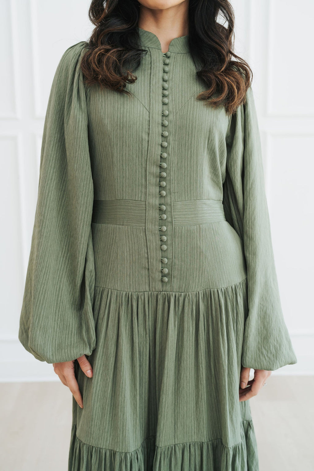 Button-Down Lantern Sleeve Maxi Dress-Green