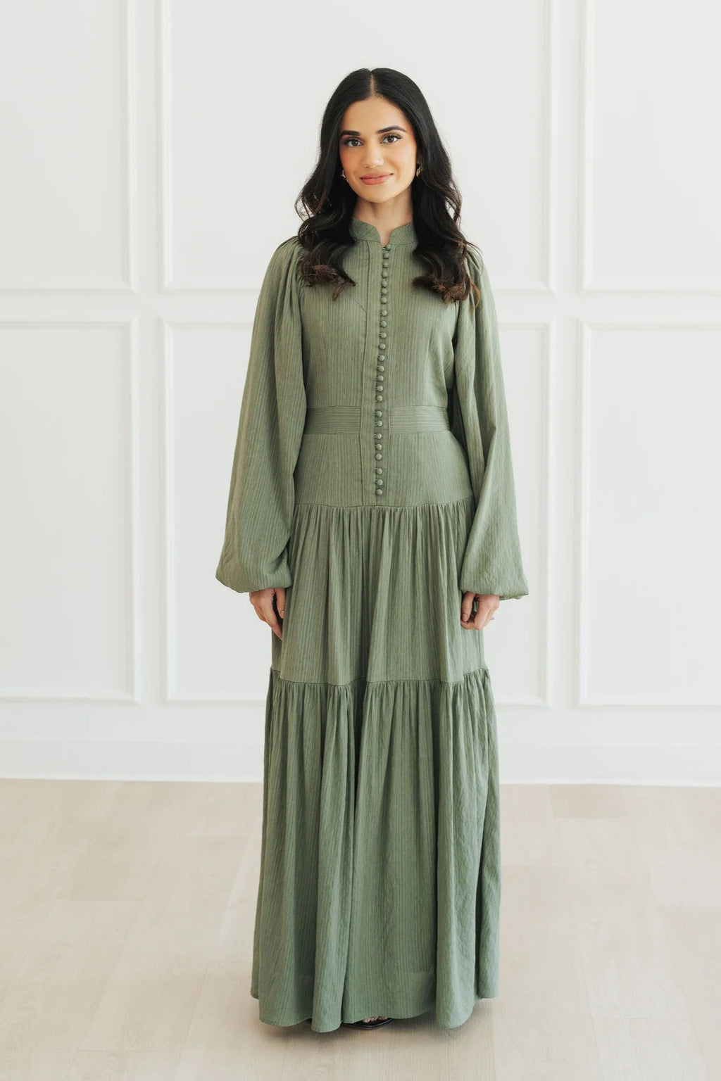 Button-Down Lantern Sleeve Maxi Dress-Green