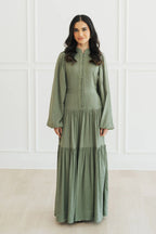 Button-Down Lantern Sleeve Maxi Dress-Green