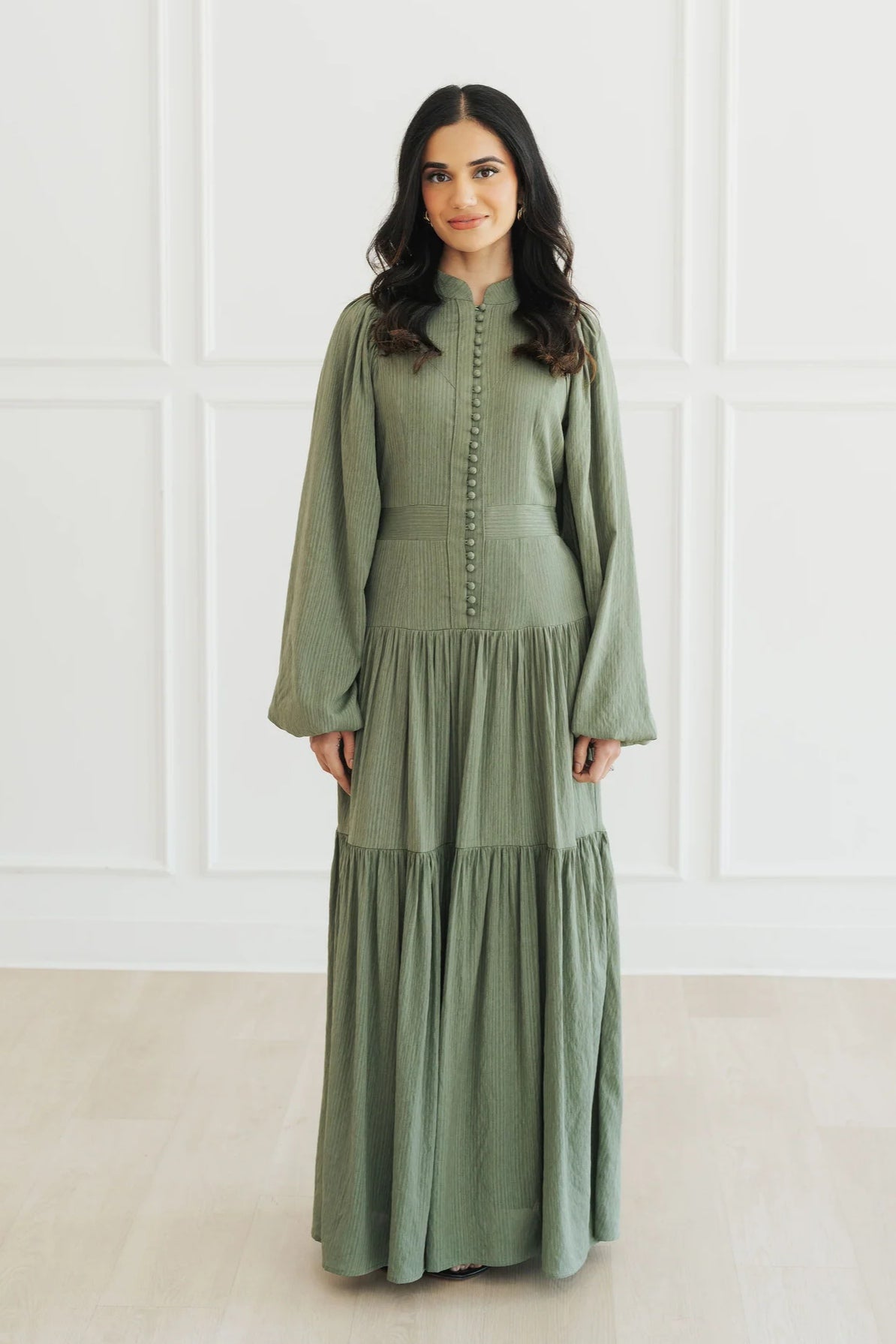 Button-Down Lantern Sleeve Maxi Dress-Green