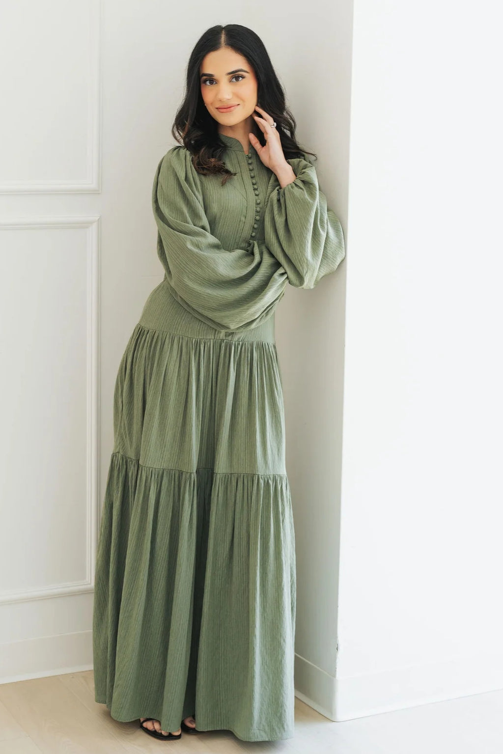 Button-Down Lantern Sleeve Maxi Dress-Green