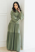 Button-Down Lantern Sleeve Maxi Dress-Green