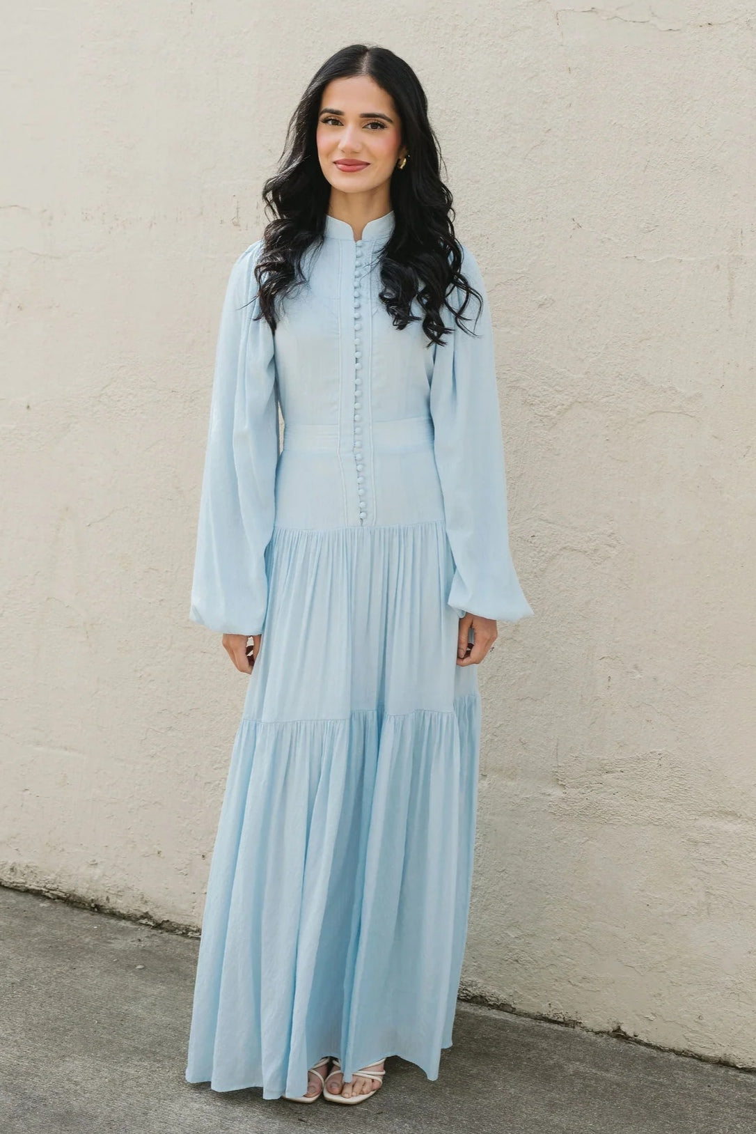 Button-Down Lantern Sleeve Maxi Dress-Blue