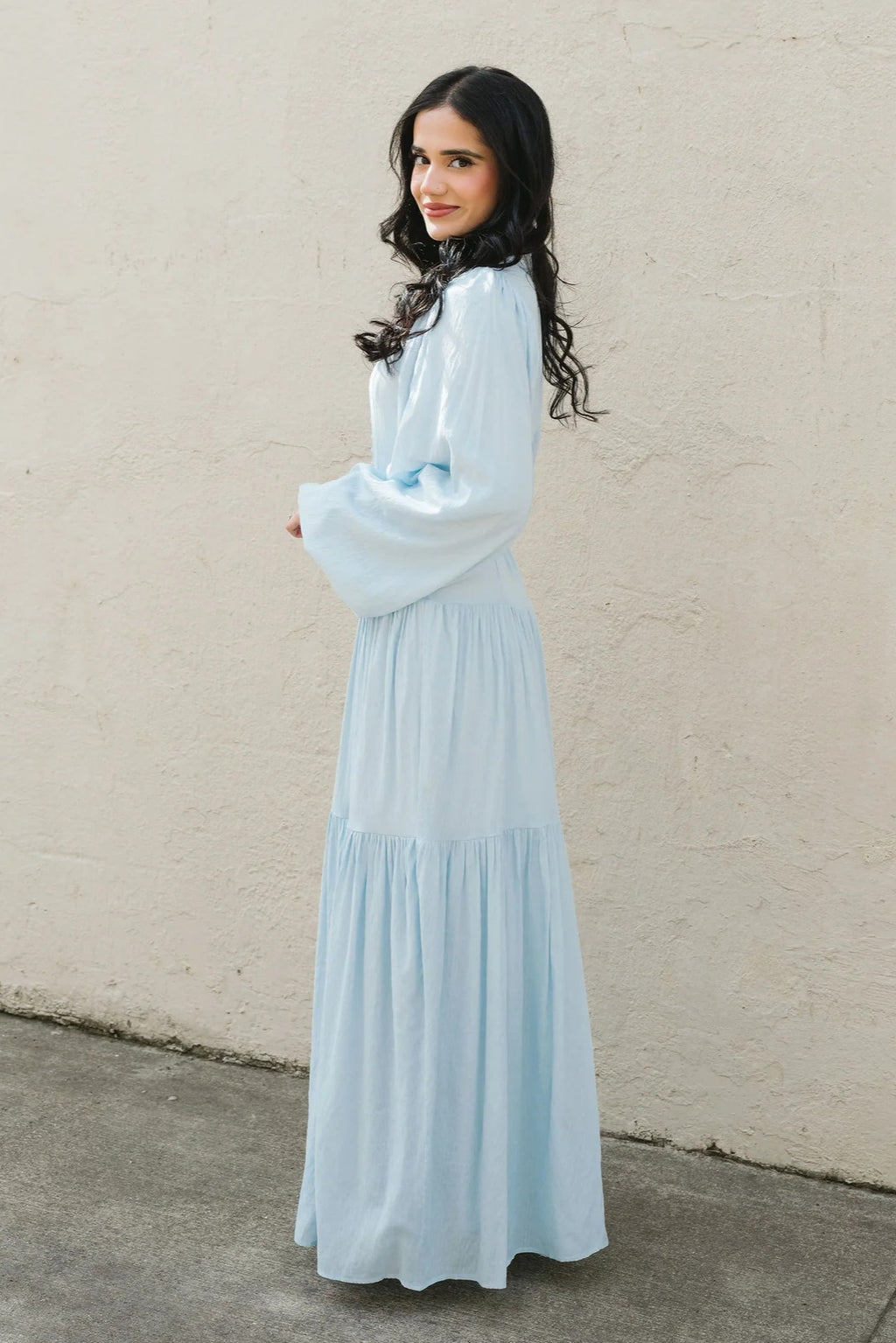Button-Down Lantern Sleeve Maxi Dress-Blue