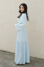 Button-Down Lantern Sleeve Maxi Dress-Blue