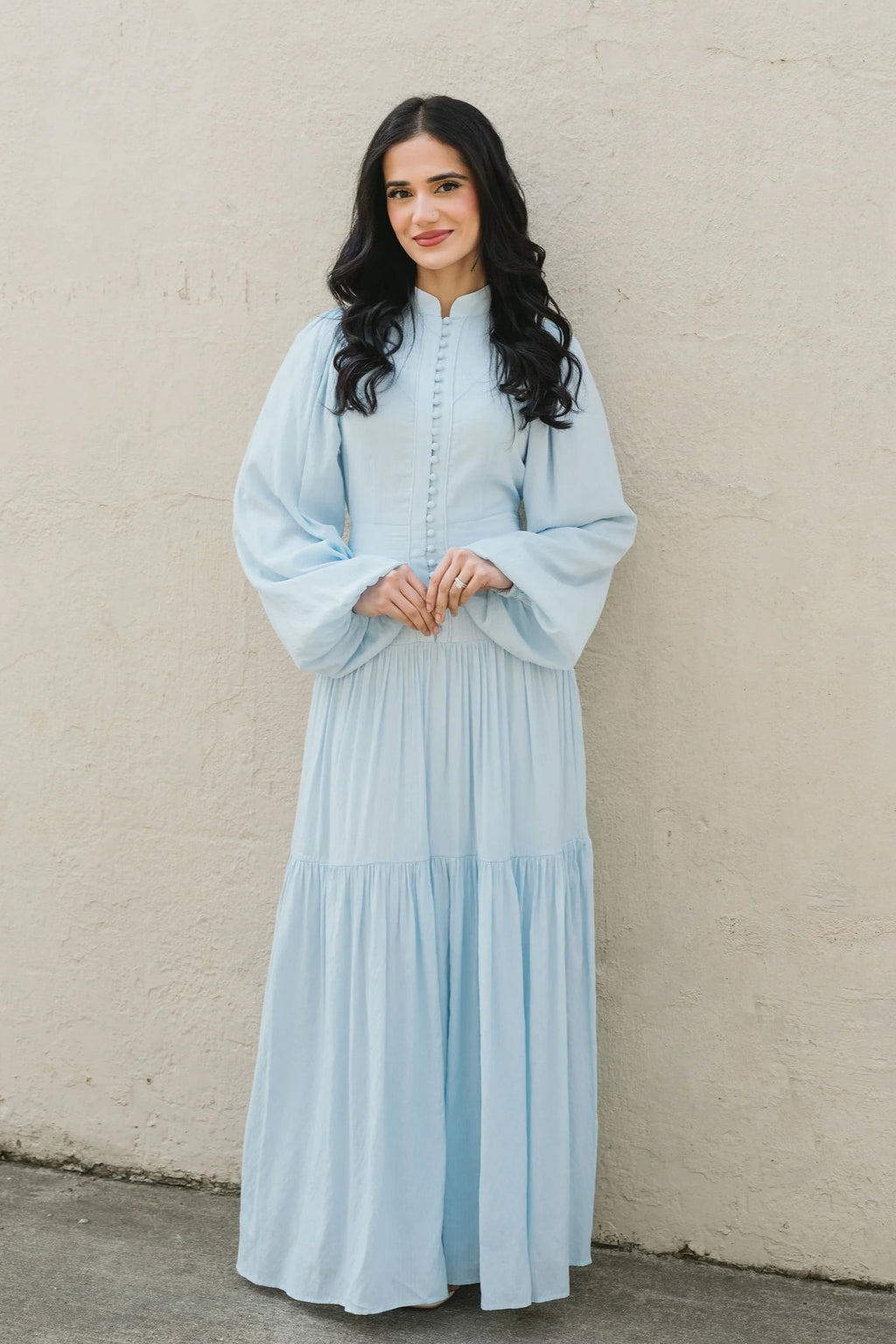 Button-Down Lantern Sleeve Maxi Dress-Blue