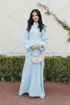 Button-Down Lantern Sleeve Maxi Dress-Blue