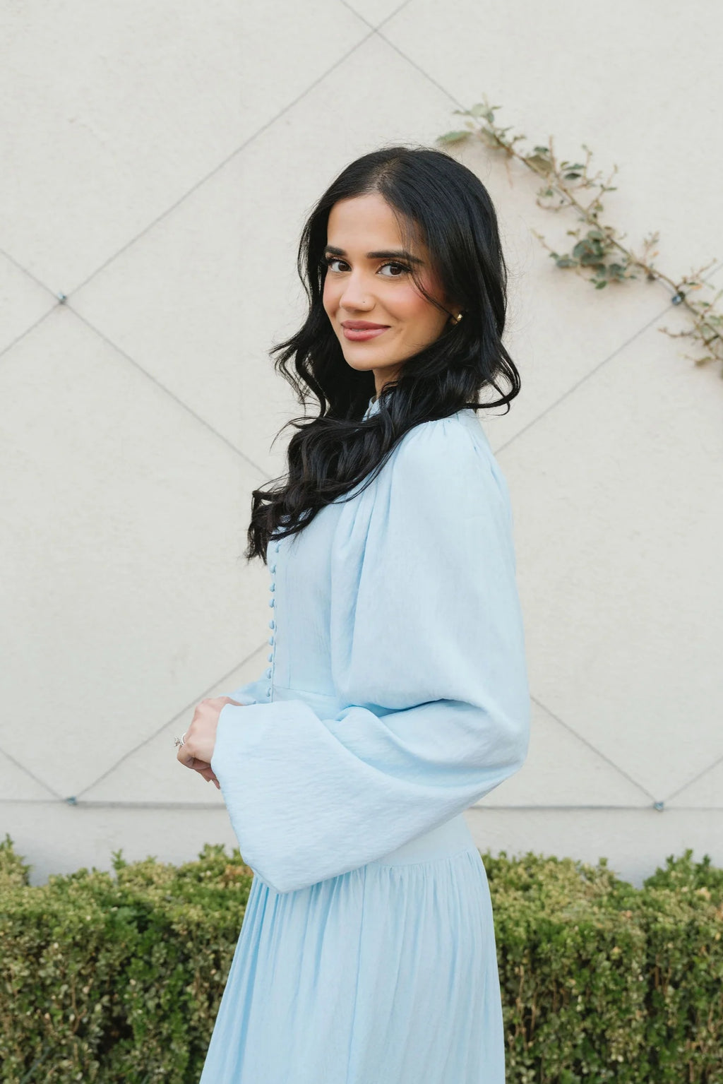 Button-Down Lantern Sleeve Maxi Dress-Blue