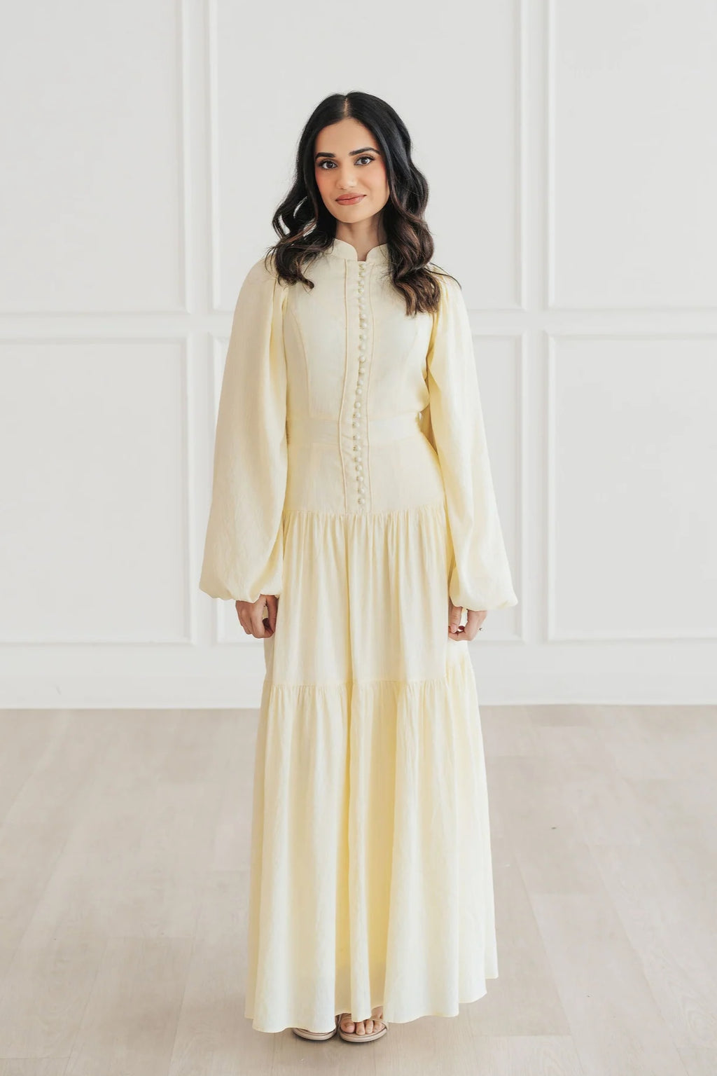Button-Down Lantern Sleeve Maxi Dress-Yellow