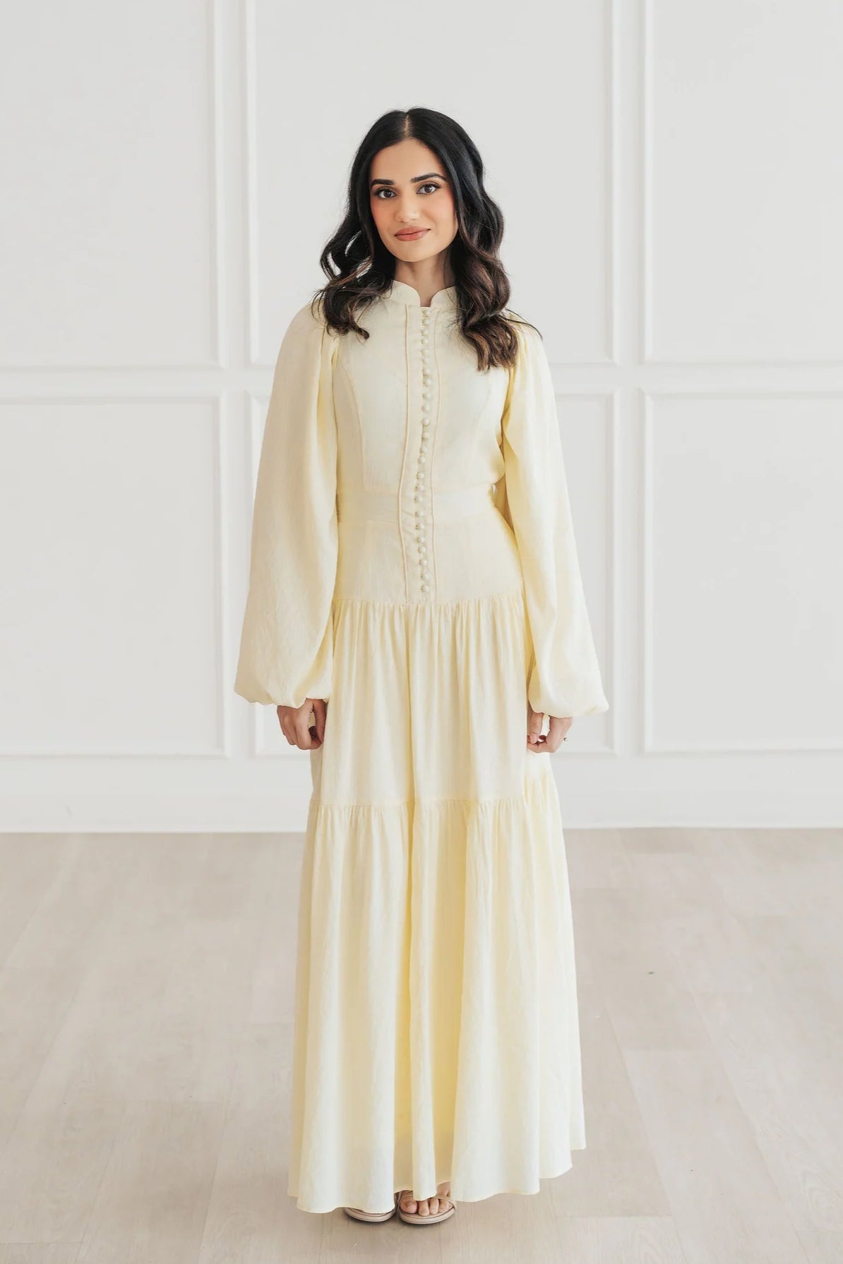Button-Down Lantern Sleeve Maxi Dress-Yellow