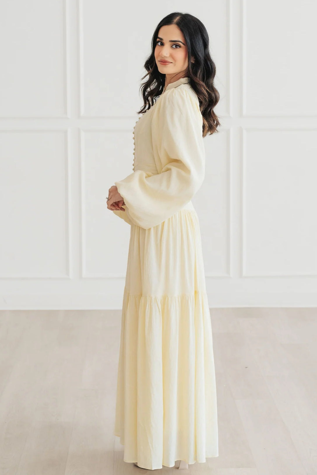 Button-Down Lantern Sleeve Maxi Dress-Yellow