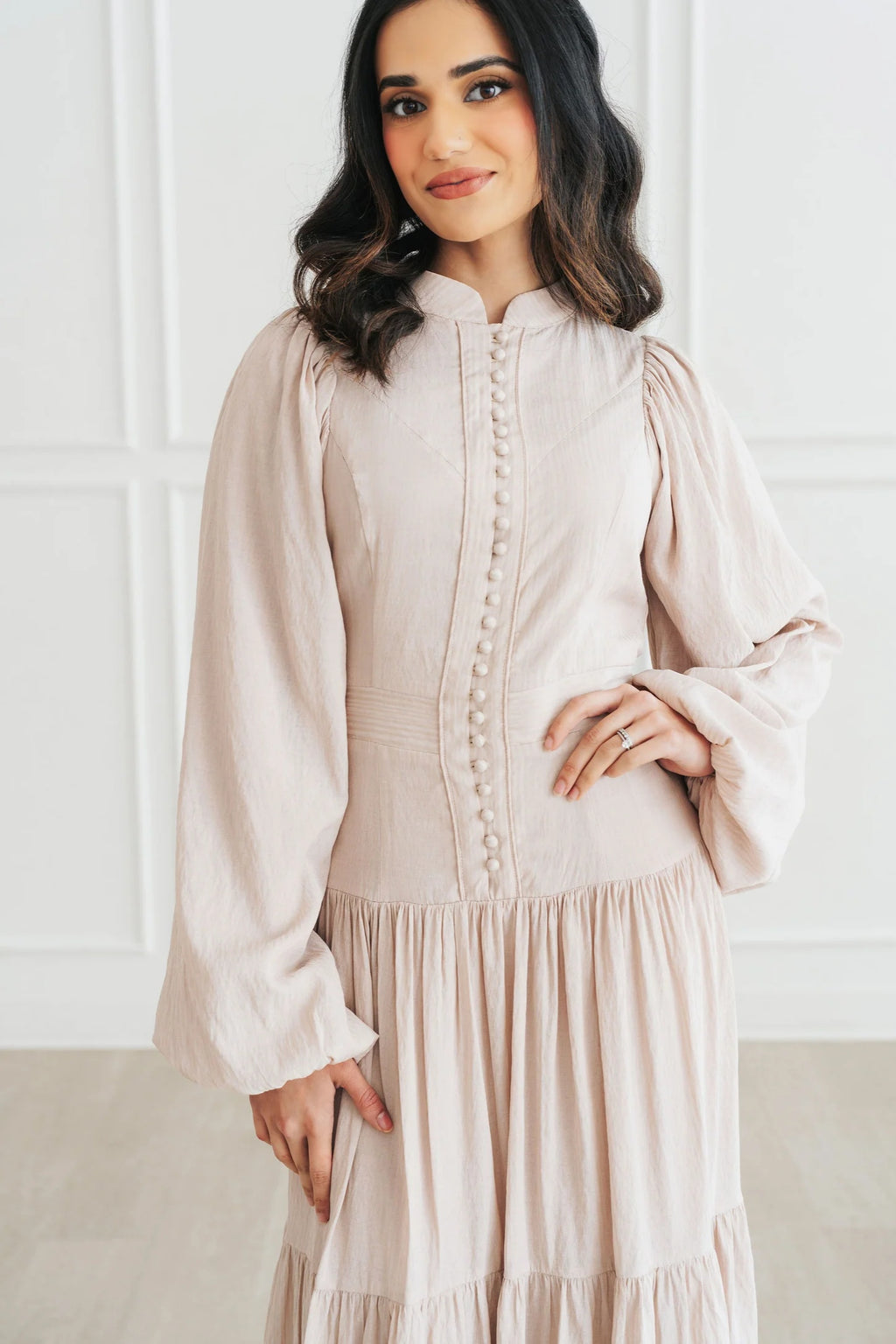 Button-Down Lantern Sleeve Maxi Dress-Grey