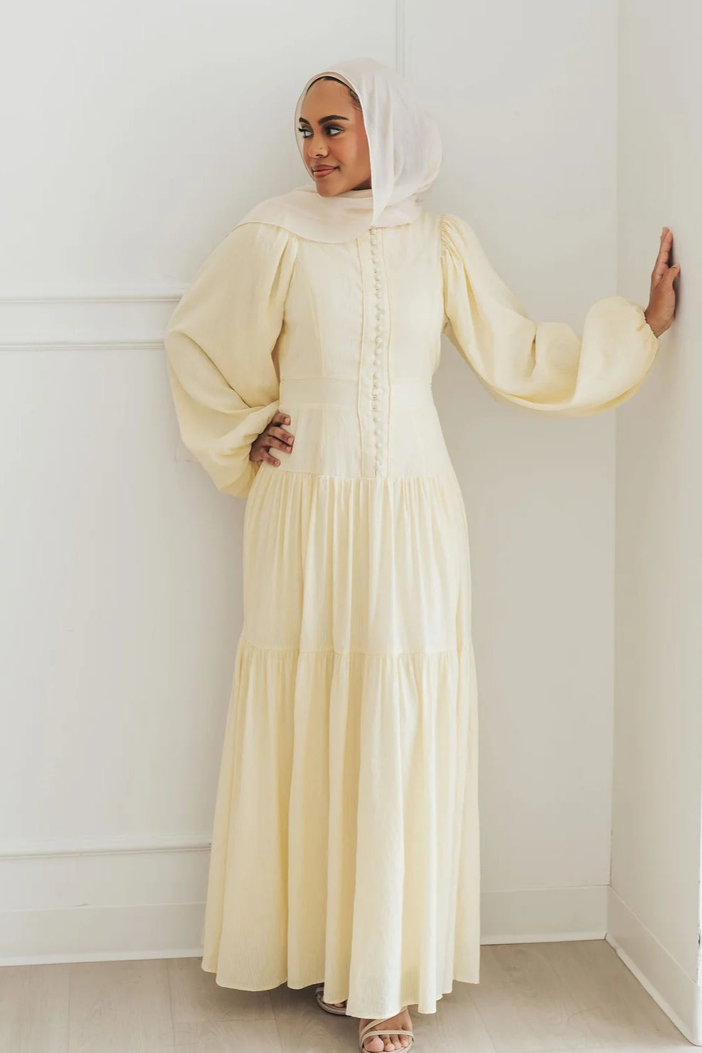 Button-Down Lantern Sleeve Maxi Dress-Yellow