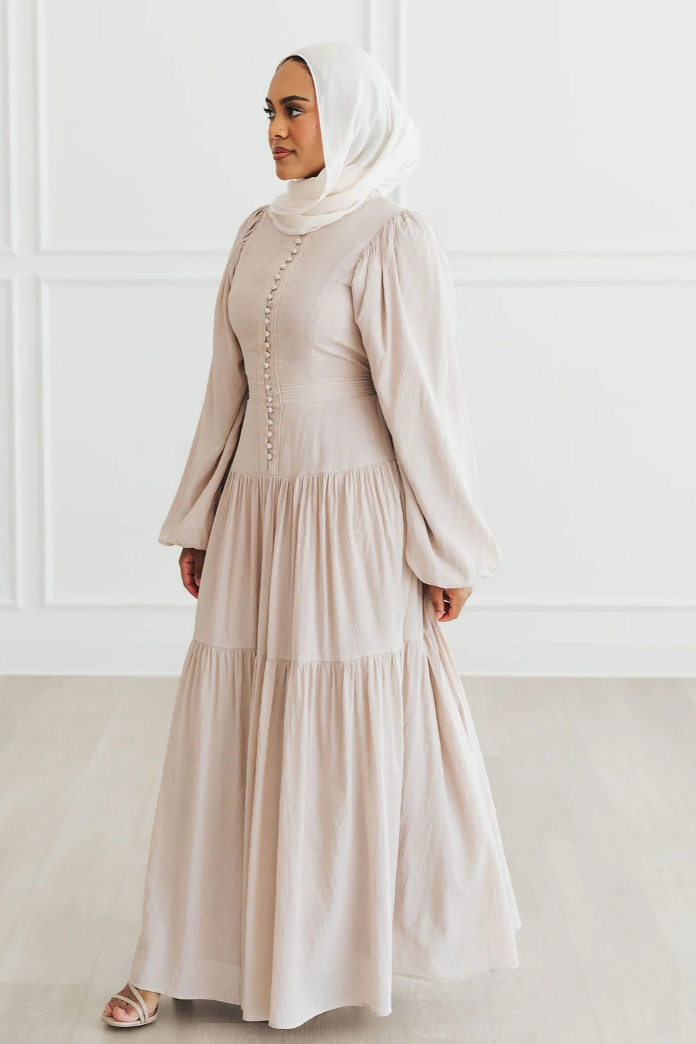 Button-Down Lantern Sleeve Maxi Dress-Grey