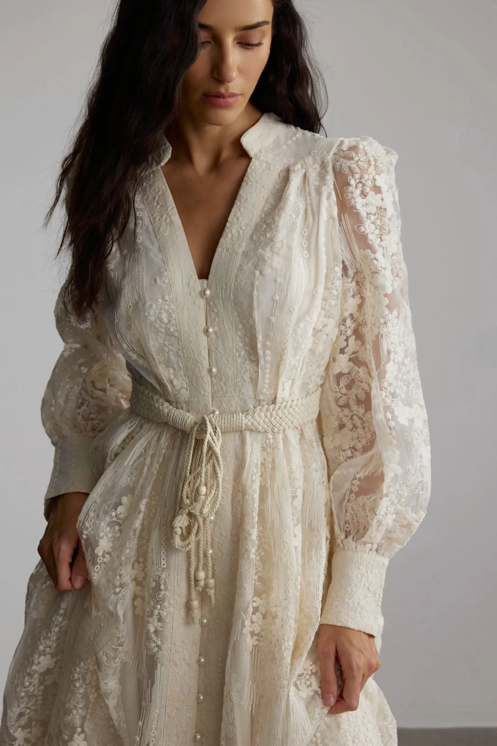 Elena Lace Embroidered Buttoned Maxi Dress-White