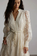 Elena Lace Embroidered Buttoned Maxi Dress-White