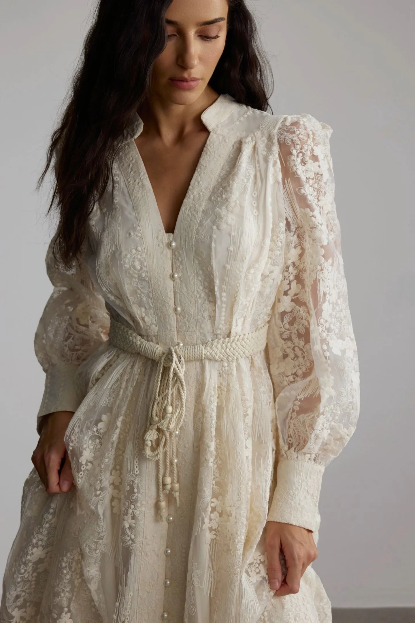 Elena Lace Embroidered Buttoned Maxi Dress-White