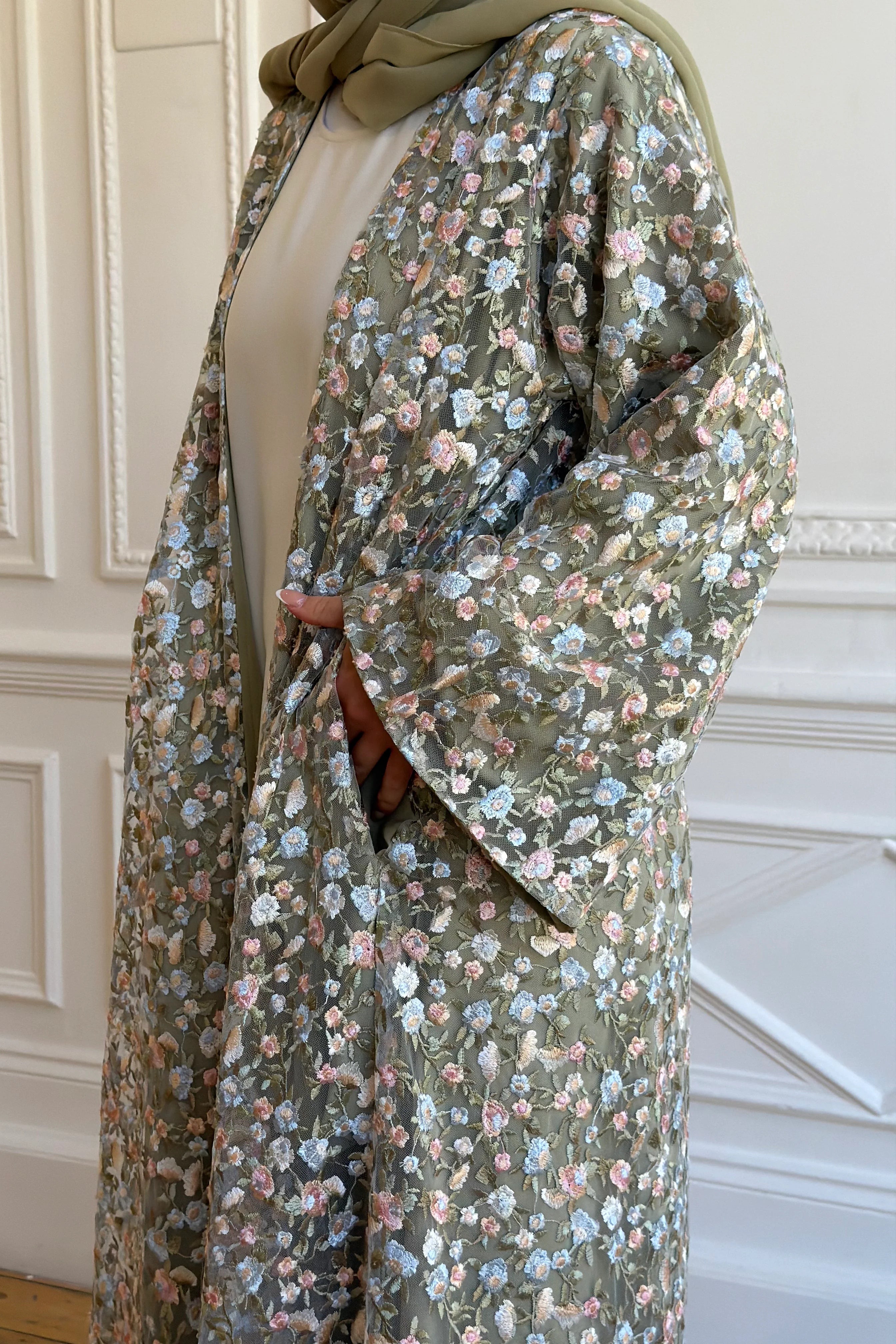 Full Floral Embroidered Double-Layer Abaya with Hijab
