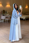 Floral Lace Trim Open Abaya & Matching Hijab Two-Piece Set-Blue