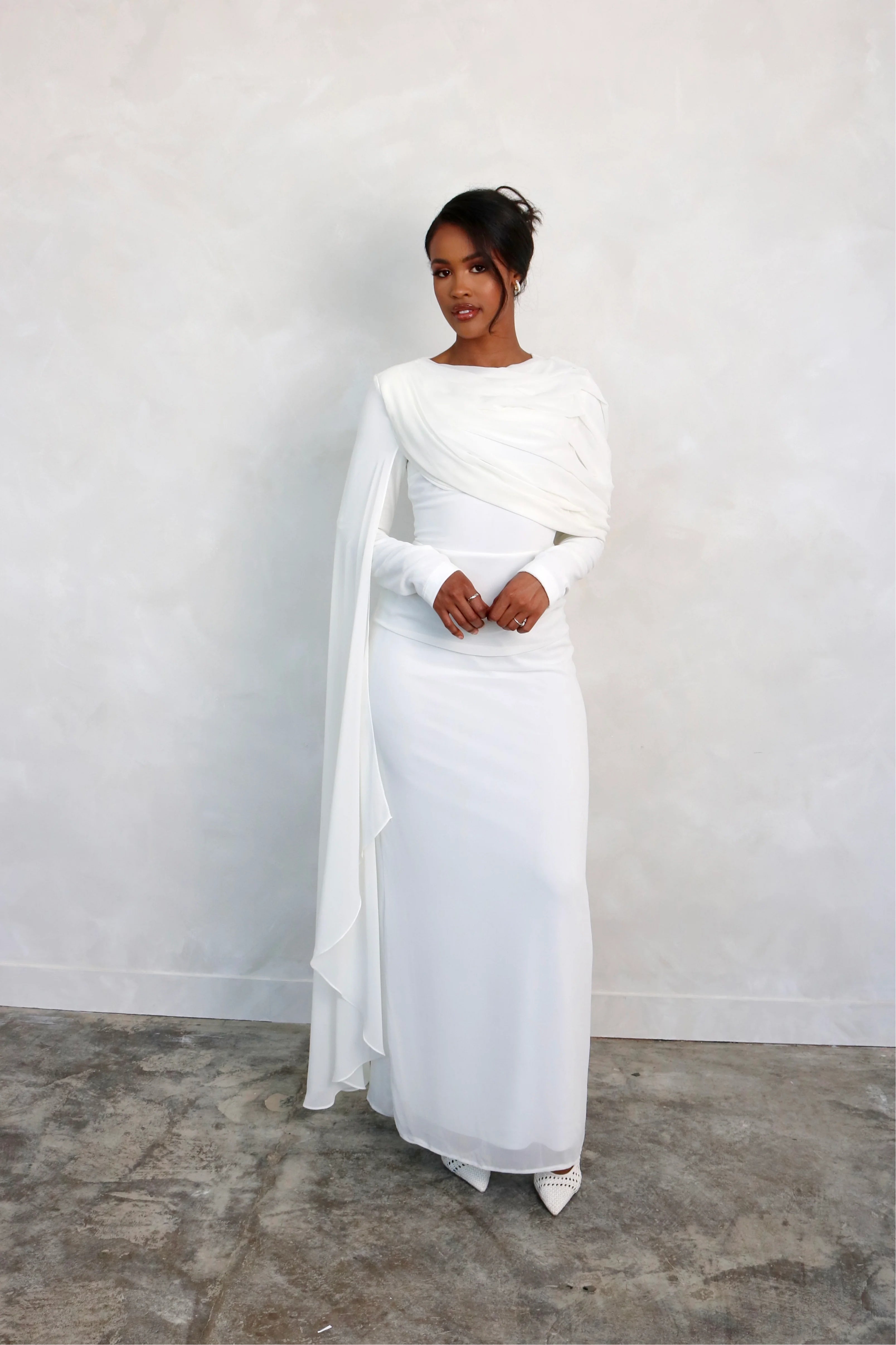 Mariam Draped Cape Chiffon Maxi Dress-White