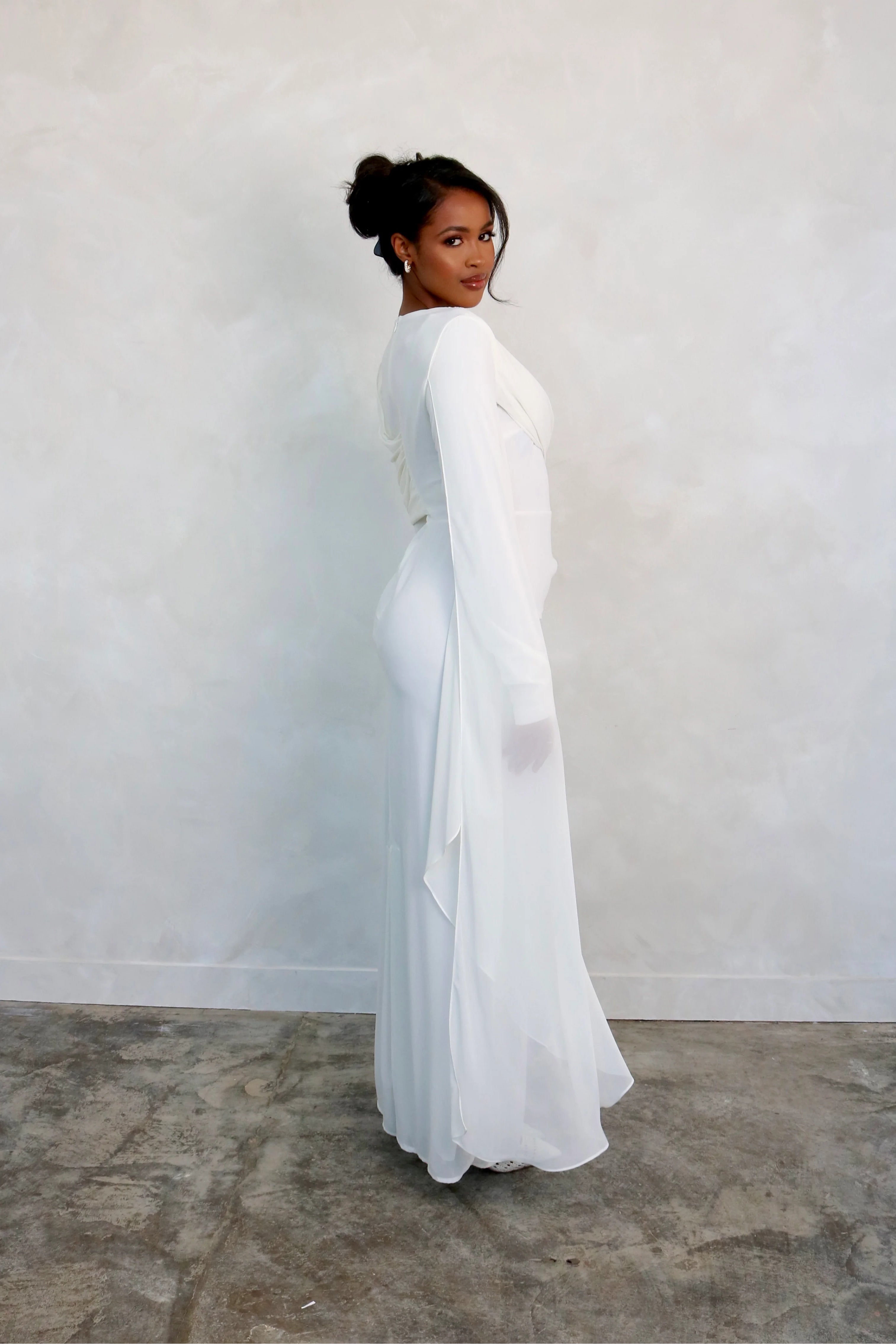 Mariam Draped Cape Chiffon Maxi Dress-White