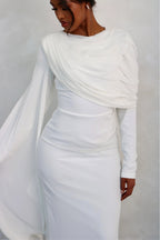 Mariam Draped Cape Chiffon Maxi Dress-White