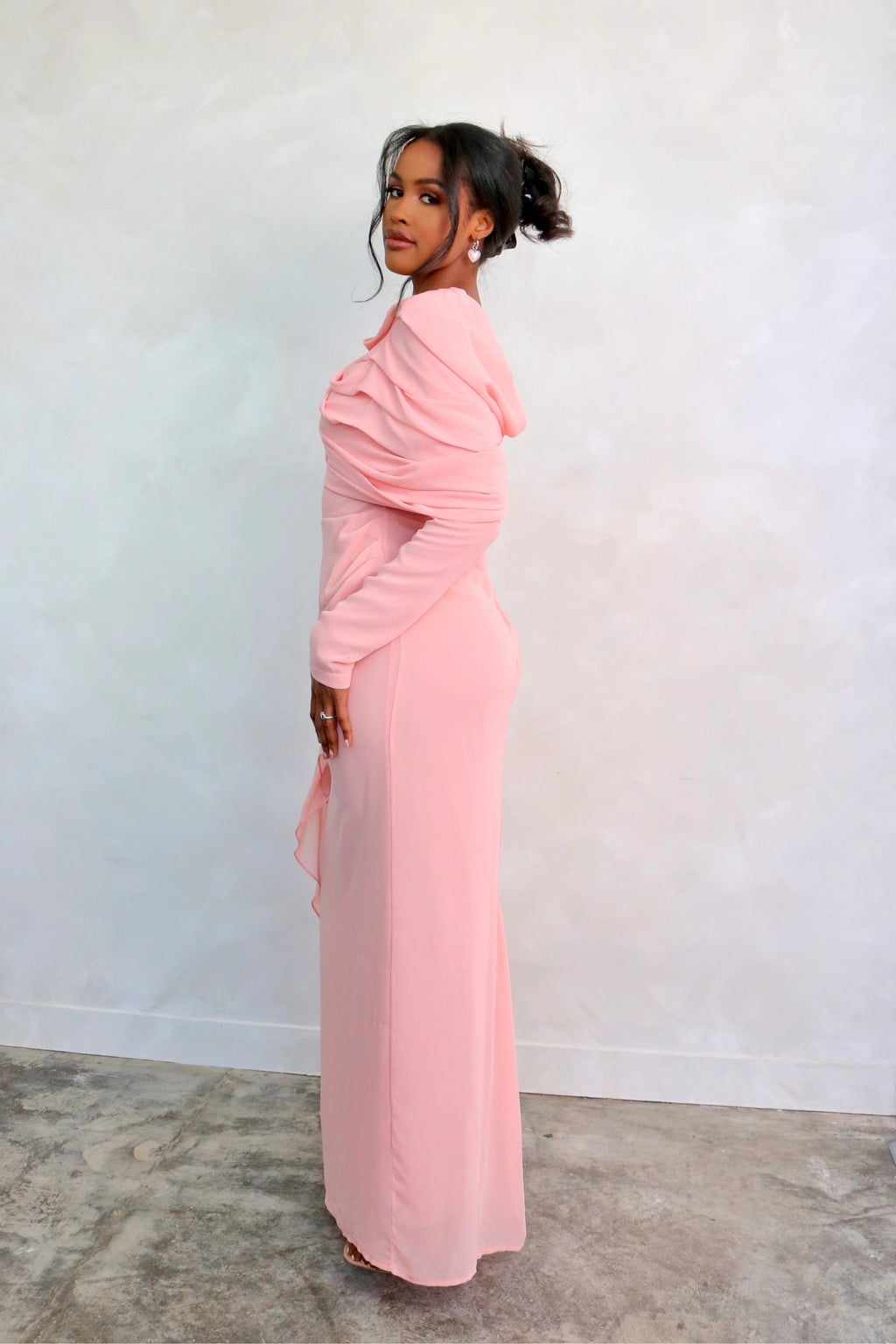 Mariam Draped Cape Chiffon Maxi Dress-Pink