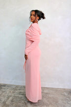 Mariam Draped Cape Chiffon Maxi Dress-Pink