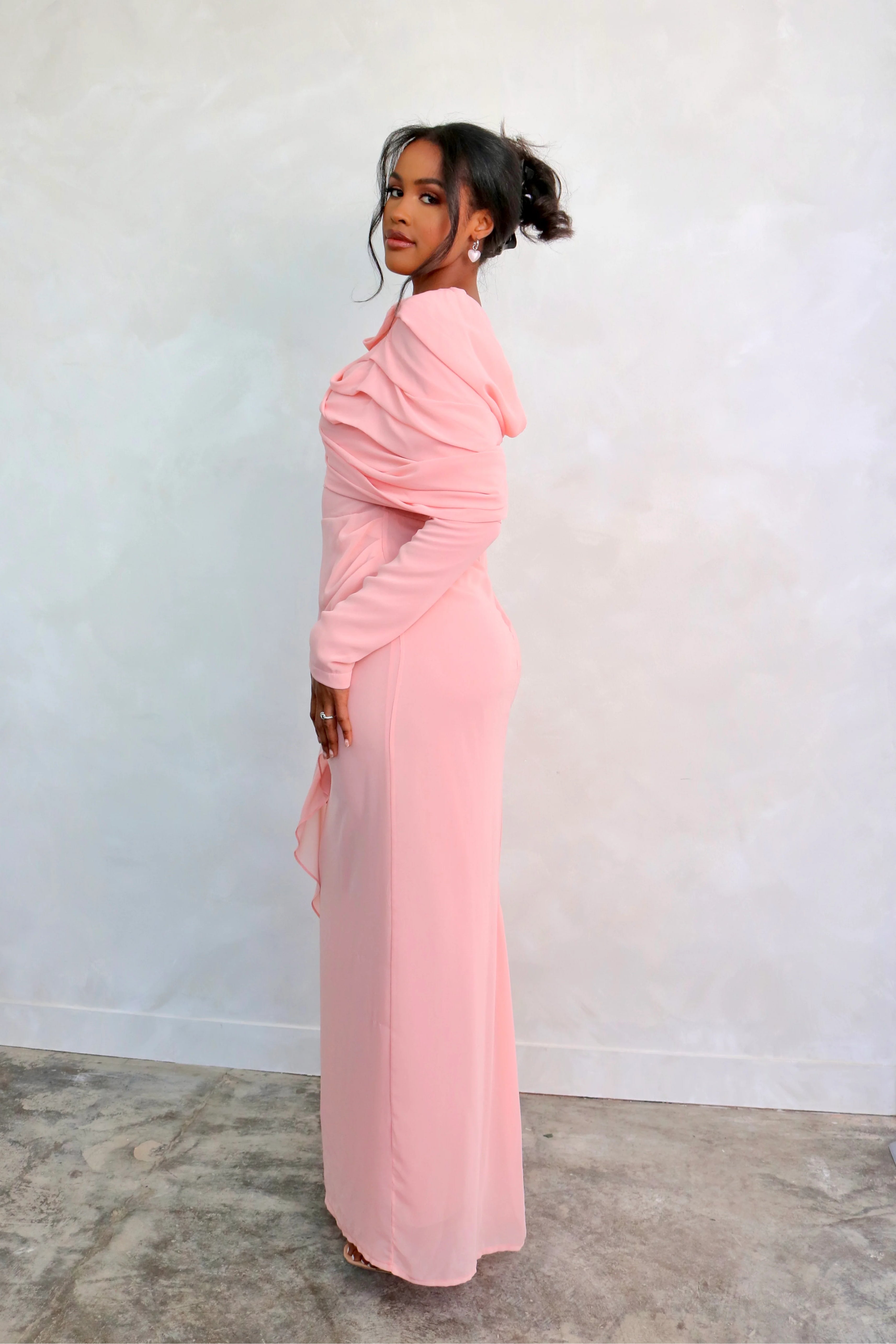 Mariam Draped Cape Chiffon Maxi Dress-Pink