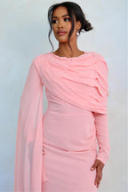 Mariam Draped Cape Chiffon Maxi Dress-Pink
