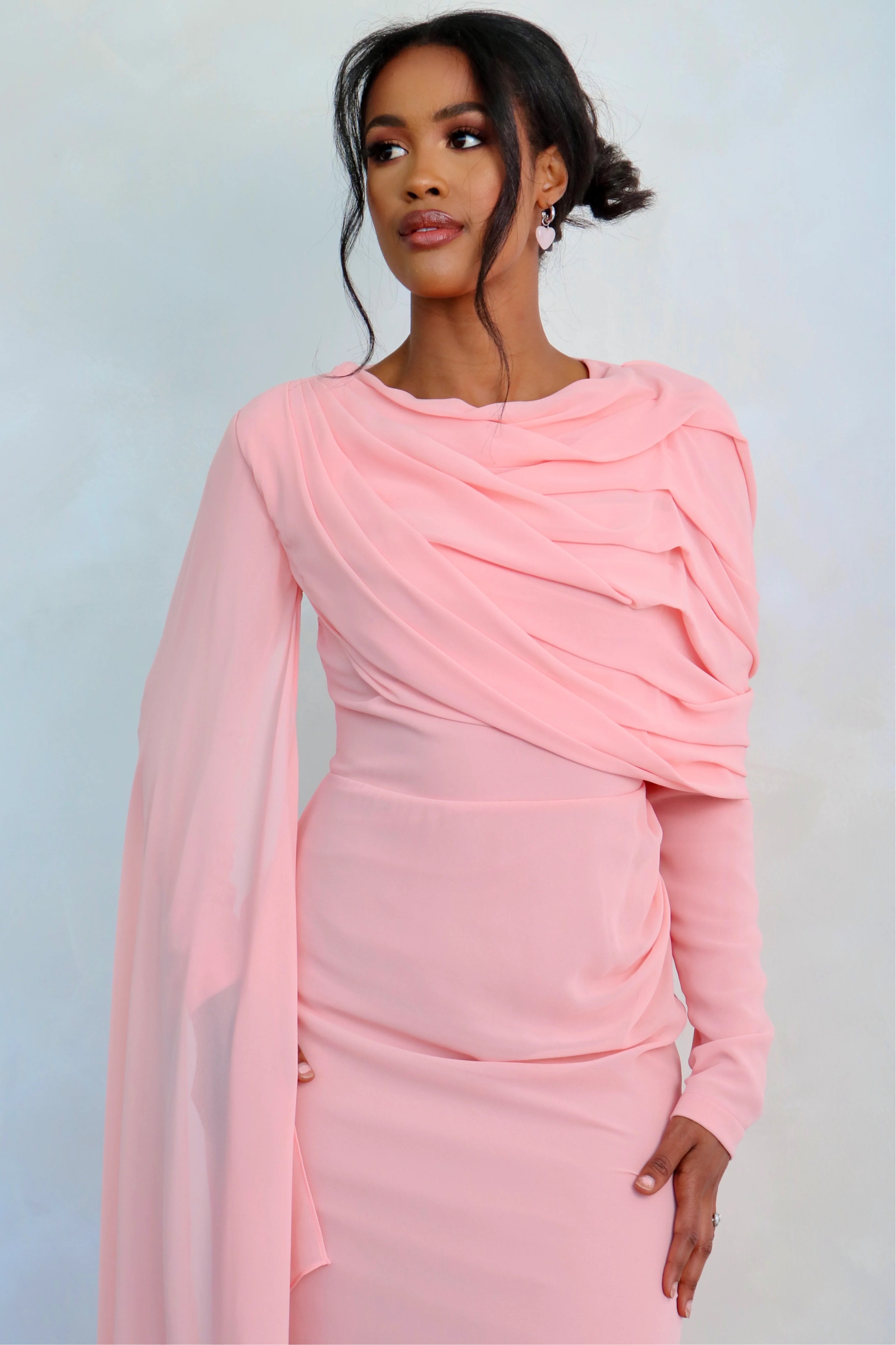 Mariam Draped Cape Chiffon Maxi Dress-Pink