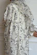 Line Art Floral Print Open Abaya & Matching Hijab Two-Piece Set