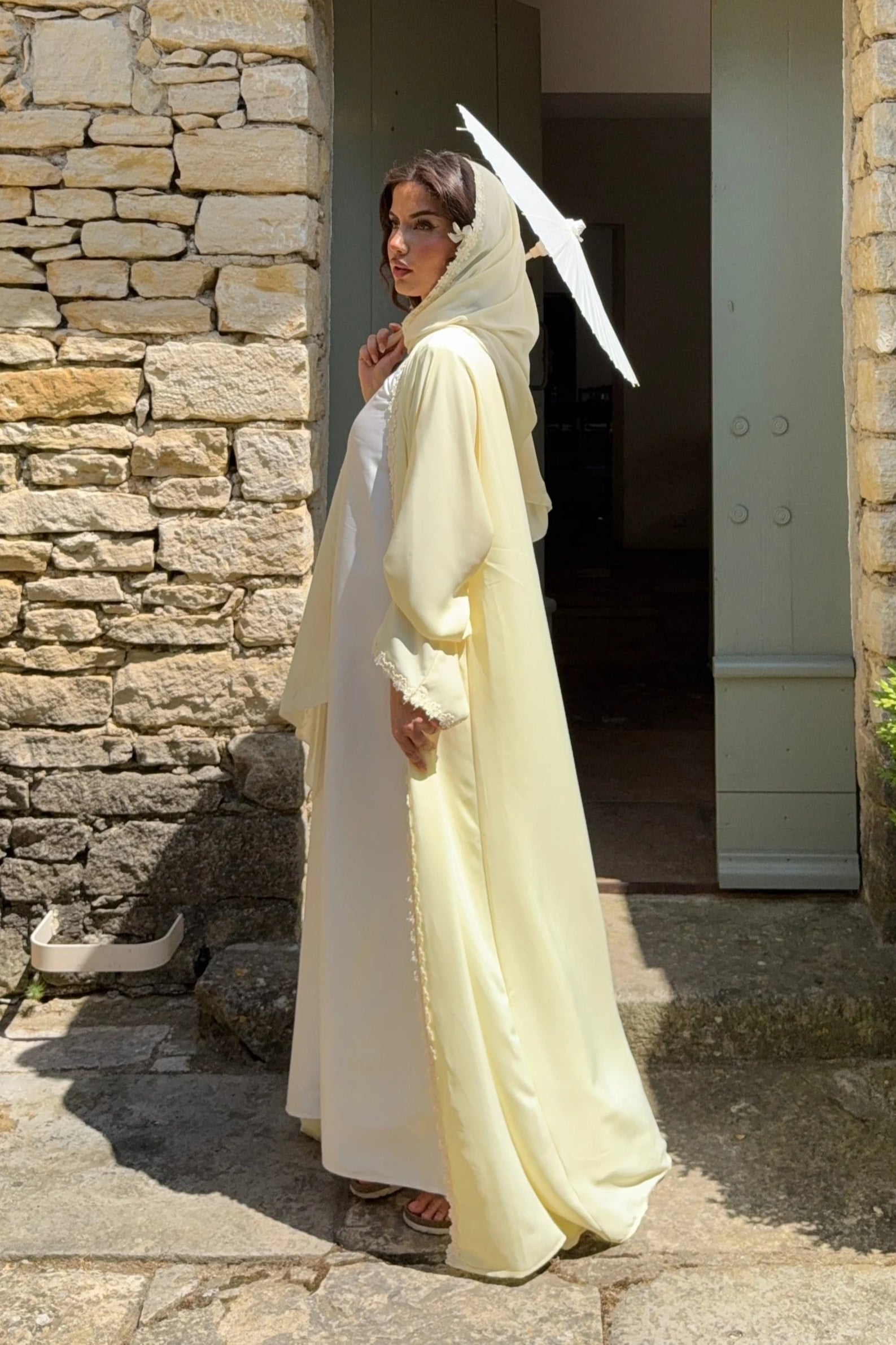 Floral Lace Trim Open Abaya & Matching Hijab Two-Piece Set-Yellow
