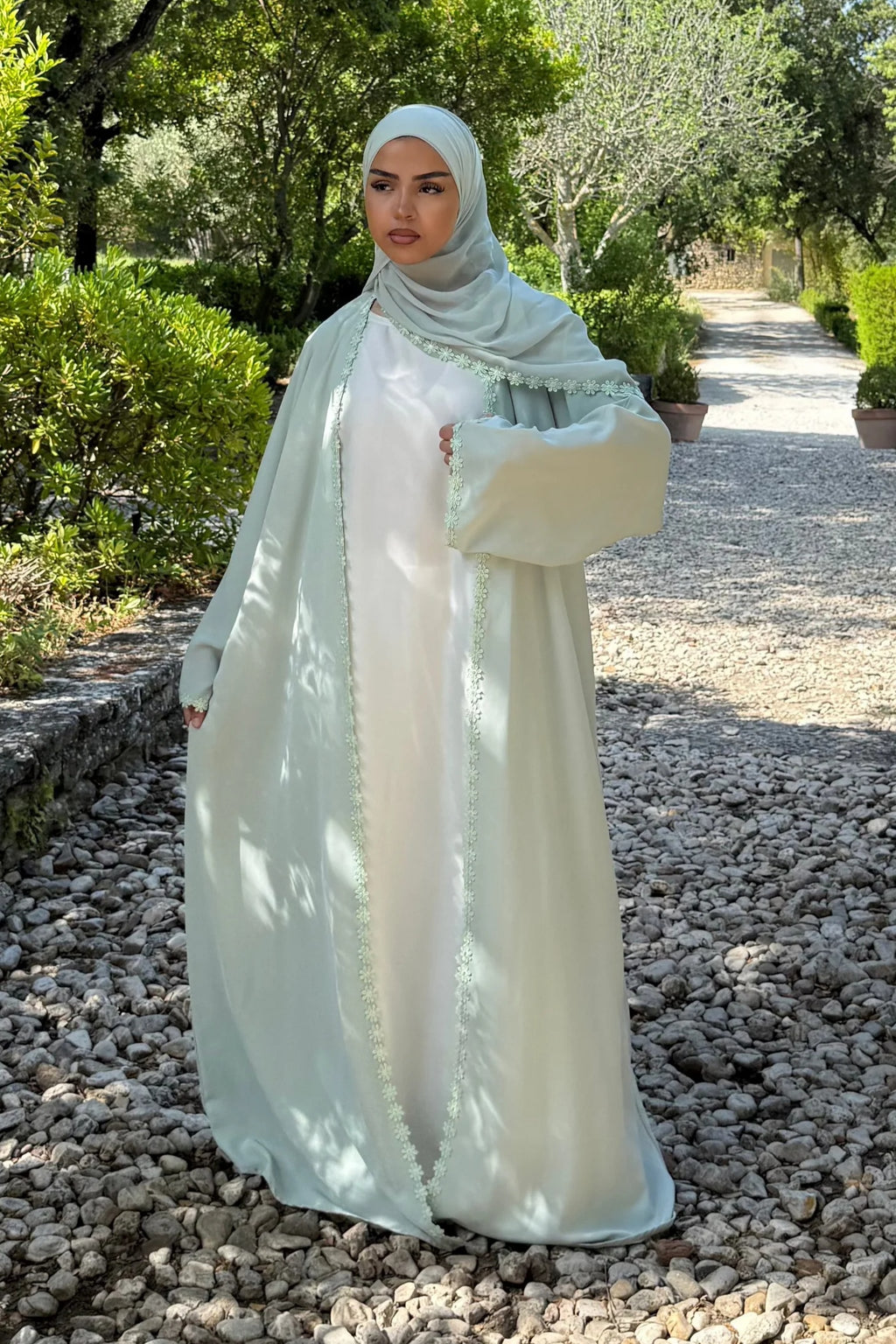 Floral Lace Trim Open Abaya & Matching Hijab Two-Piece Set-Green