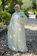 Floral Lace Trim Open Abaya & Matching Hijab Two-Piece Set-Green