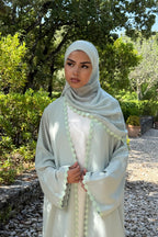 Floral Lace Trim Open Abaya & Matching Hijab Two-Piece Set-Green