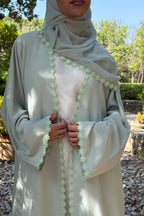 Floral Lace Trim Open Abaya & Matching Hijab Two-Piece Set-Green