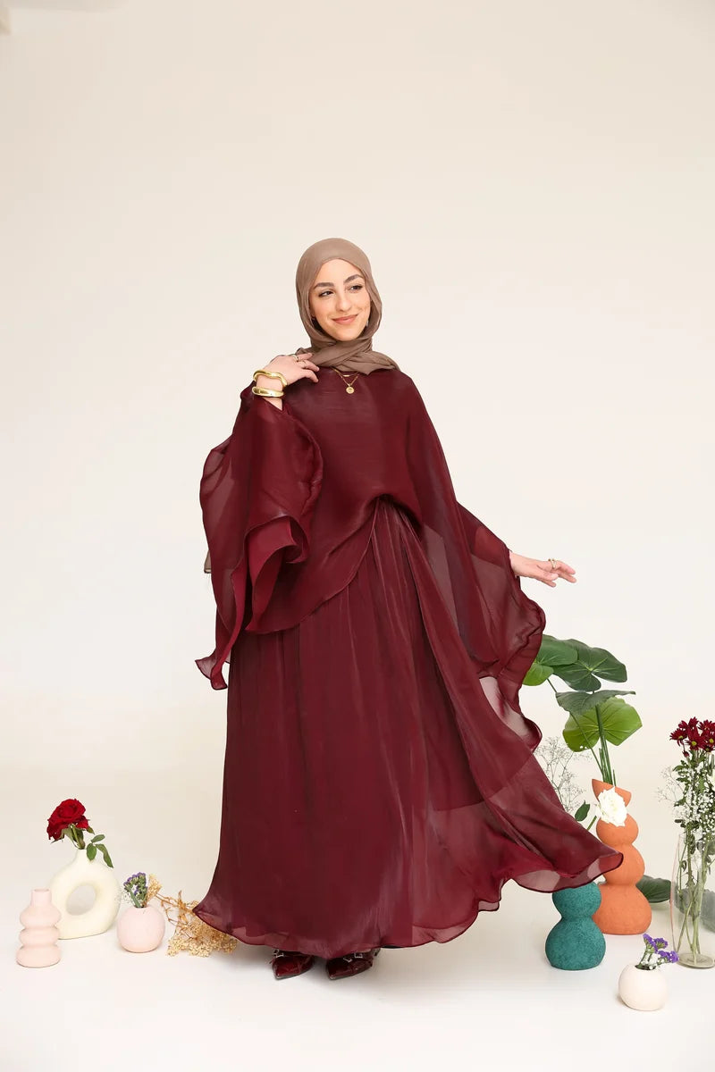 Zoe Flowing Cape‑Style Abaya Outfit-Red
