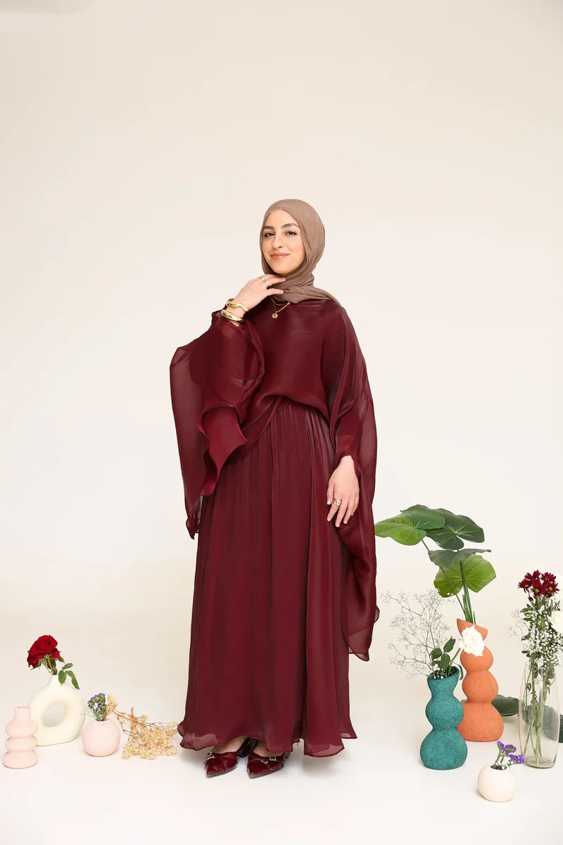 Zoe Flowing Cape‑Style Abaya Outfit-Red
