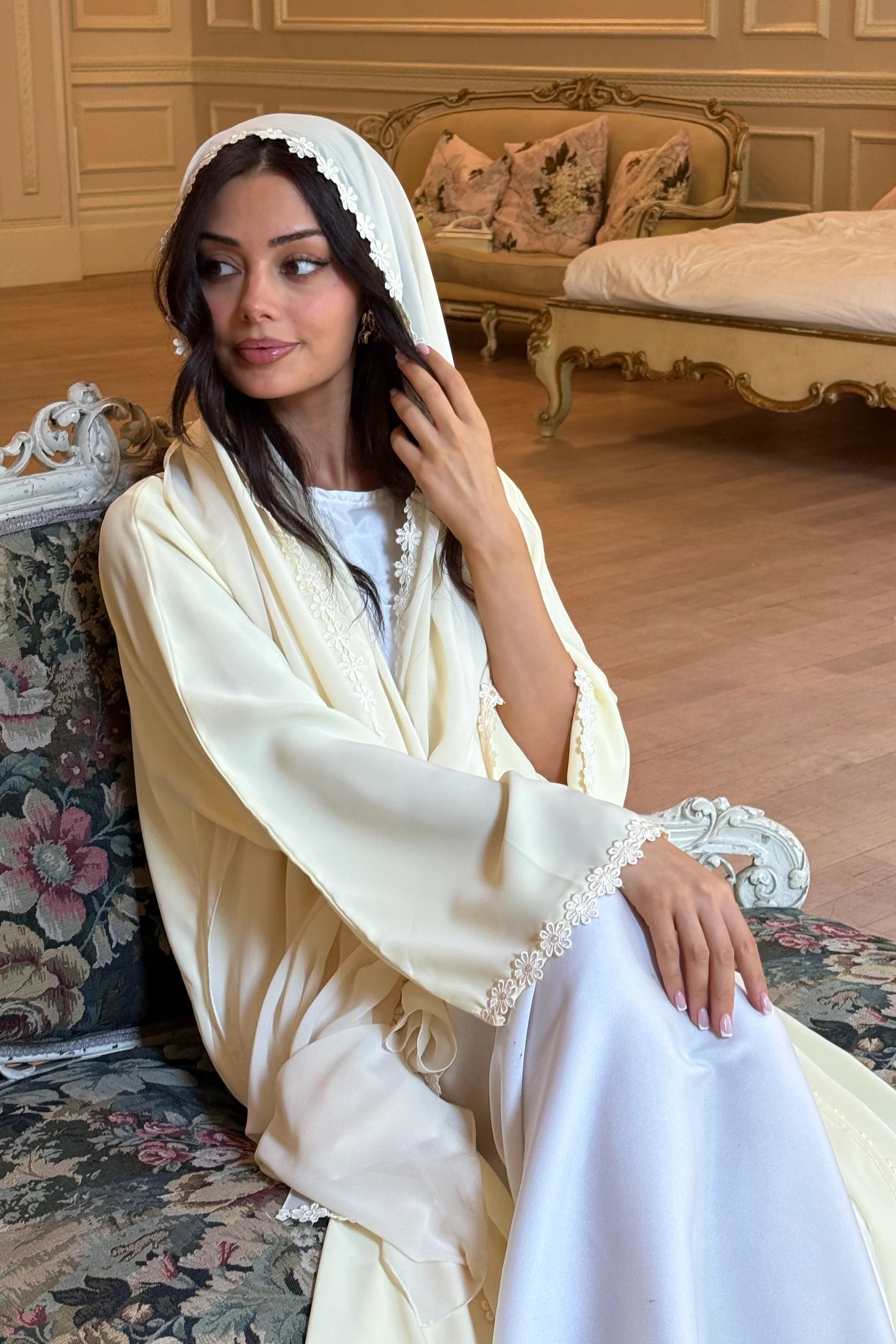 Floral Lace Trim Open Abaya & Matching Hijab Two-Piece Set-Yellow