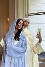 Floral Lace Trim Open Abaya & Matching Hijab Two-Piece Set-Blue