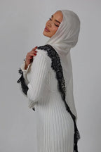 Luxury Contrast Lace-Trimmed Chiffon Hijab-White&Black