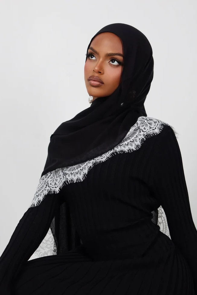 Luxury Contrast Lace-Trimmed Chiffon Hijab-Black&White