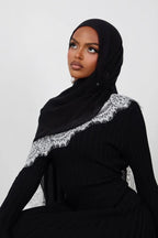 Luxury Contrast Lace-Trimmed Chiffon Hijab-Black&White
