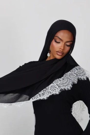 Luxury Contrast Lace-Trimmed Chiffon Hijab-Black&White