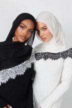 Luxury Contrast Lace-Trimmed Chiffon Hijab-Black&White
