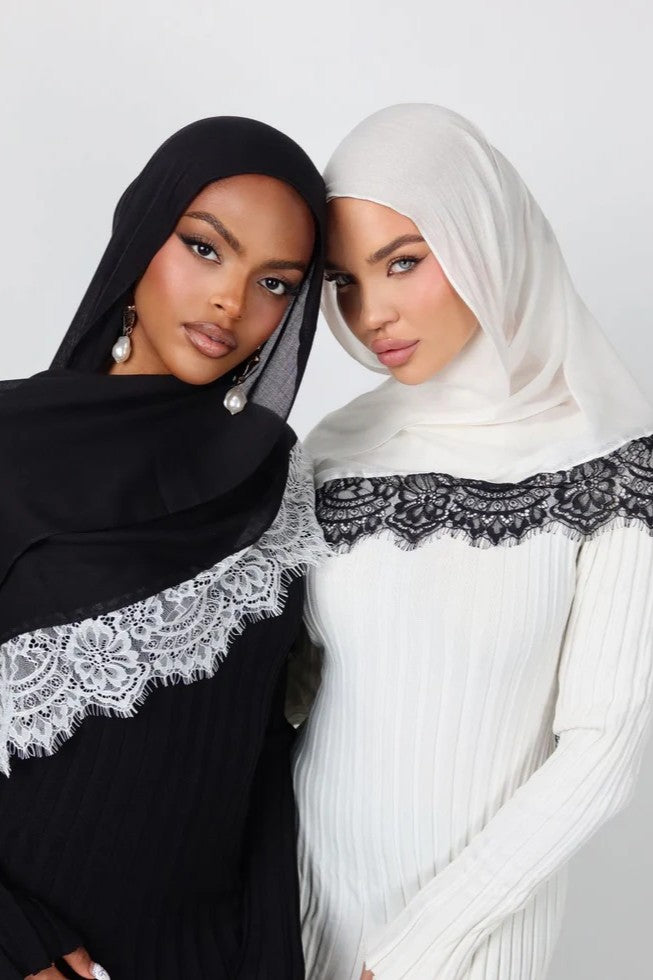 Luxury Contrast Lace-Trimmed Chiffon Hijab-Black&White